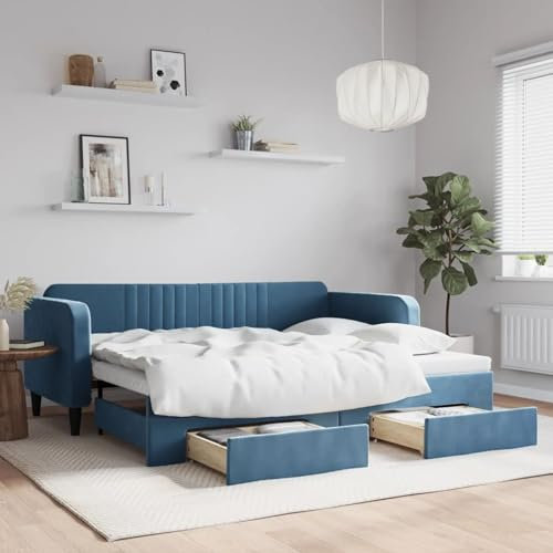 Gecheer Sofá Cama Extraíble con Cajones Sofá Convertible en Cama Individual Cama Divan Sofá Cama Matrimonio de Terciopelo Estructura de Sofá Cama Nido Moderno Azul 90x200 cm,Sofá Cama 2 en 1