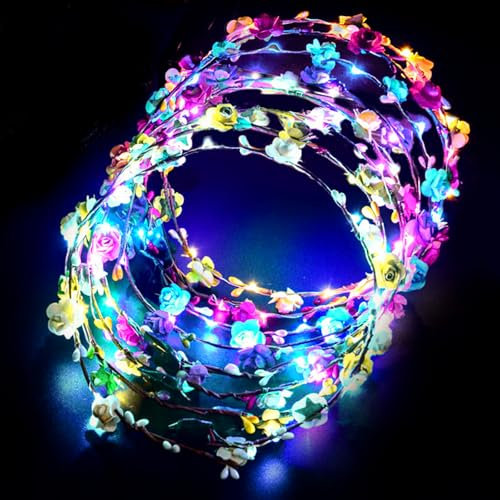 20 Stück LED Blumenkranz Stirnband, Bunt Haare, Haarschmuck Mit 3 Leuchtmodi, Kopfschmuck Beleuchtet Blumen Lichterkette für Hochzeit, Party, Festival, Geburtstag