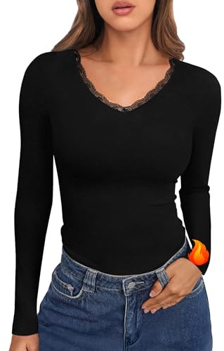 Crewhpo Camiseta Manga Larga para Mujer Básica Túnica Top con Encaje Cuello en V Blusas T-Shirt Clásico Elegante Causal Camisetas