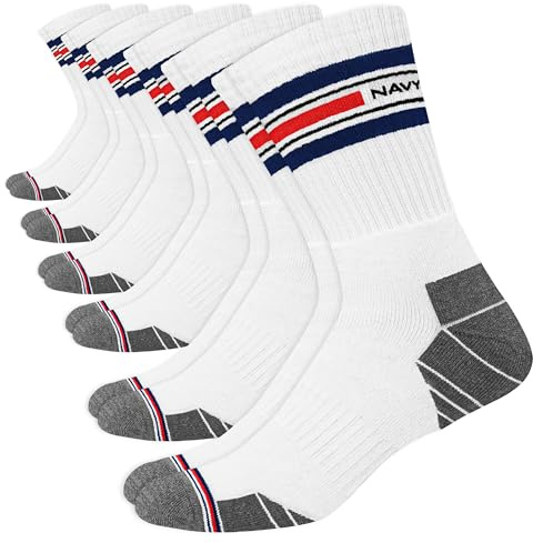 NAVYSPORT Herrstrumpor multifunktion sport crew längd avancerad serie extra hållbara vadderade strumpor, paket med 3, Randig vit (6 par), 40-42 EU