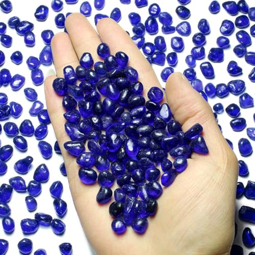 1 Lb (460 g) Deep-Blue Sea Glass Stones Irregular Rainbow Glass Pebble Decorative Rock Quartz Tumbled Gemstone Chips for Aquarium Decoration/Vase Filler/Jewelry Making/Handwork Craft/Gems Display