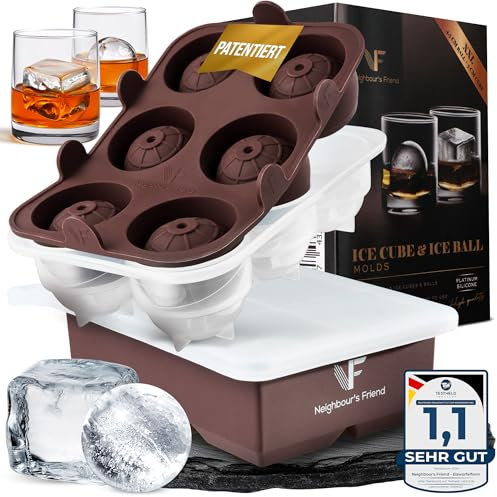 Neighbour’s Friend Patentierte Eiskugelform mit großer Eiswürfelform - XXL Eiswürfelformer für Whisky, Rum & Cocktails - 6x Eiskugel & 6x Eiswürfel Platin-Silikon - spülmaschinengeeignet
