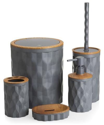 HowHomely Badezimmer Set mit Klobürste Seifenspender Zahnputzbecher Seifenablage und Mülleimer | Grau Badezimmer Zubehör Set | Modern Badaccessoires Set (Reina)