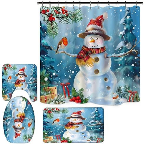 Duschvorhang Himmelblaue Tiere Badezimmermatte Verdickung Bad Teppiche Set, Duschvorhang Stoff+Bath Mat rutschfeste(50x80cm)+U-Typ Fußmatte Wasseraufnahme+Toilette Badmatte