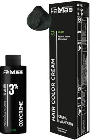 Femmas Green I Hair Color Cream Kit de coloration permanente pour cheveux 100 ml + crème oxygénée 100 ml 3 % I Coloration permanente + développeur I Doux et durable I Teinture pour cheveux de salon