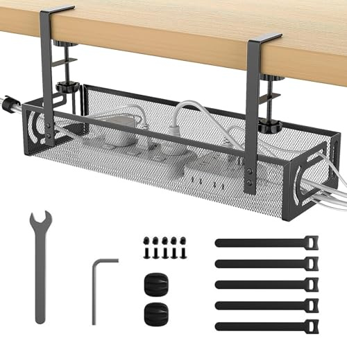 Bandeja Cables Escritorio bajo Mesa sin Taladro, Juego de Organizador de Cables para Debajo Escritorio, Soporte Recoge y Esconde Cables, Cable Management para Oficina Hogar Gaming, Negro