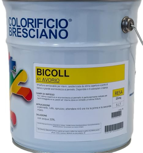 COLORIFICIO BRESCIANO | Bicoll Idropittura Semilavabile per Interni, Ottima Copertura e Scorrevolezza, 41 Avorio, 5 litri
