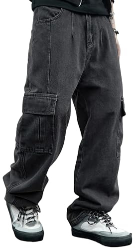 Mens Baggy Jeans for Men Women Y2k Skater Vintage Plain Pants Multiple Pockets Casual Wide Leg Loose Fit Cargo Denim Jeans Dark Grey