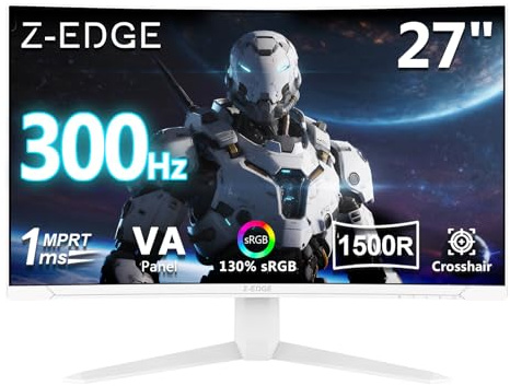 Z-Edge 27 Zoll 300Hz Curved Gaming Monitor 1ms MPRT Full HD 1080P, 300cd/m² Helligkeit, 16:9 VA Panel, FreeSync, HDR10, HDMI (240Hz) & DisplayPort (300Hz), VESA Kompatibel, Weiß