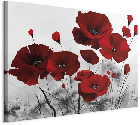 B&D XXL - Tableau Décoration 60x40 cm 1 Partie - Impression sur Toile Cadre en Bois Salon Chambre Déco Murale Tableaux Maison Bureau Cuisine - Fleurs Coquelicots Rouge 0107-12