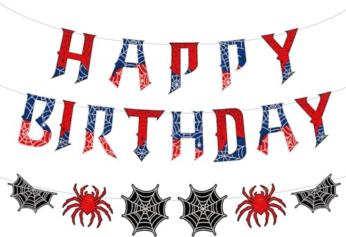 SAVITA Spider Happy Birthday Banner, Pre-Strung Spider Web Printing Birthday Decorations Cartoon Movie Theme Party Banner for Boys Friends Kids Baby Shower