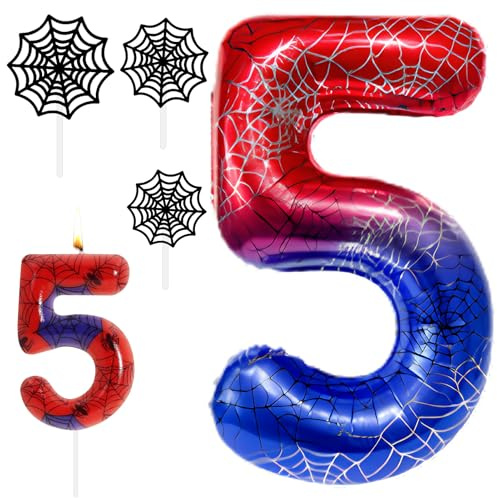 Spider - Set di decorazioni per compleanno 5 anni, palloncino ragno da 40 pollici, 5 anni, con candele di compleanno, numeri 5, ragnatele, decorazione per torta di compleanno, set decorazioni festa