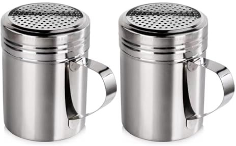 VNLCPX 2 Pièces Saupoudreuse à Sucre Glace, Saupoudreuse Inox, Sucrier pour Sucre en Poudre, Boite a Ssucres Glaces pour Café Boulangerie Restaurant, 10 x 7 cm, Argent