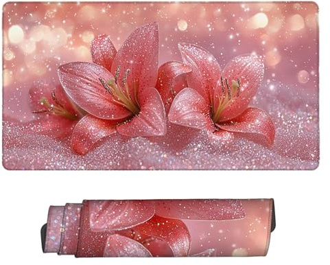 Musmatta, 100 x 50 cm spelmusmatta med sydda kanter, rosa liljor musmatta utökad stor musmatta XXL, spelmusmatta med halkfri gummibas skrivbordstillbehör, gåvor E-199