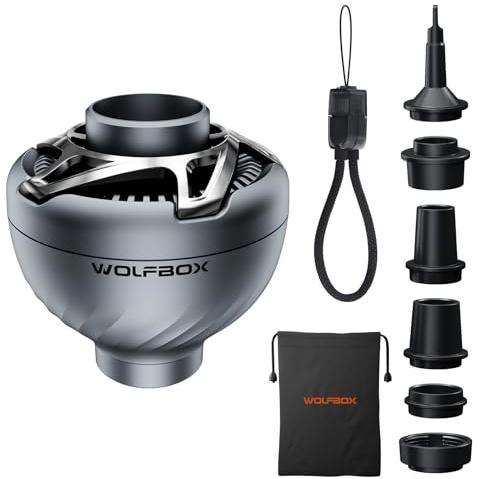 WOLFBOX MFmini Elektrisk luftpump, mini-USB-luftpump för luftmadrass utan batteri, 32 g, ultralätt 4,5 kPa, bärbar elektrisk pump, 2-i-1, uppblåsning, med 5 munstycken, camping