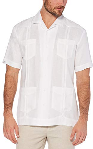 Cubavera Camisa Guayabera de Manga Corta con Cuatro Bolsillos para Hombre, 100% Lino, S - 5X, Blanco Brillante, Large