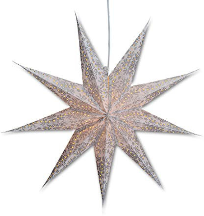 Leuchtstern mit 9 Zacken in weiß Silber 60cm Papiertstern Weihnachtsstern inklusiv Kabel mit Schalter 3,5 Meter