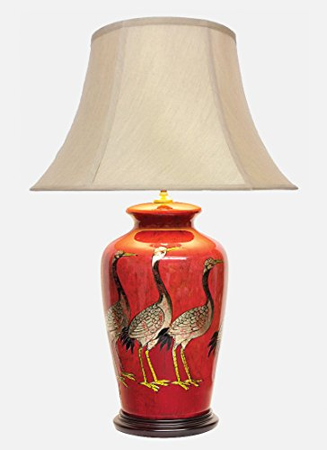 DOWNTON INTERIORS UK Large Oriental Ceramic Table Lamp with Porcelain Base and Faux Silk Silver Shade. Red with Black and Gold Cranes Design (M8604S) - Chinese Mandarin Style