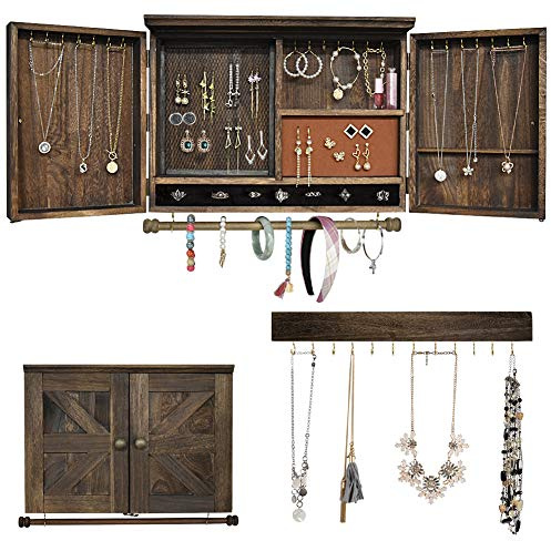 GLANT Rustic Wall Mounted Jewelry Organizer with Wooden Barndoor Decor,Wooden Wall Mount Holder,Jewelry holder for Necklaces, Earings, Bracelets, Ring Holder. Includes matching hook organizer (Rustic)