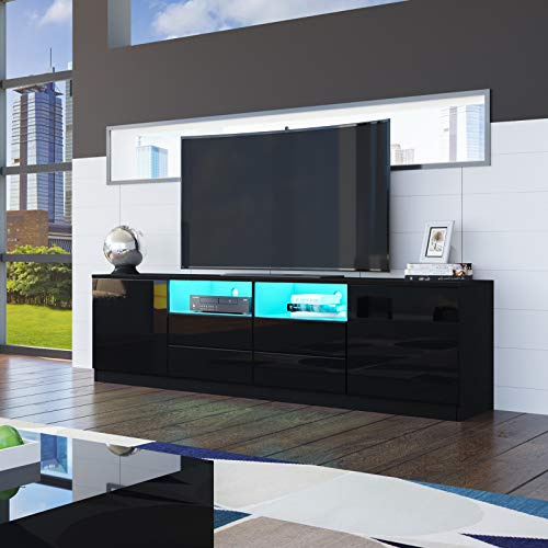 Senvoziii LED TV Stand Unit, 180cm Black High Gloss Front Sideboard TV Cabinet with 2 Doors 4 Drawers for Bedroom Living Room
