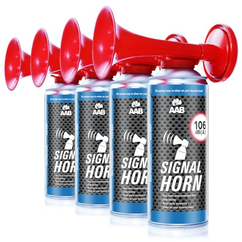 AAB Signal Horn - Set di 4 Pezzi - Tromba ad Aria Compressa, Fino a 120 Segnali Brevi, Avvisatore Acustico Molto Rumorosa, Clacson Tromba Ideale per Feste, Trombette, Air Horn