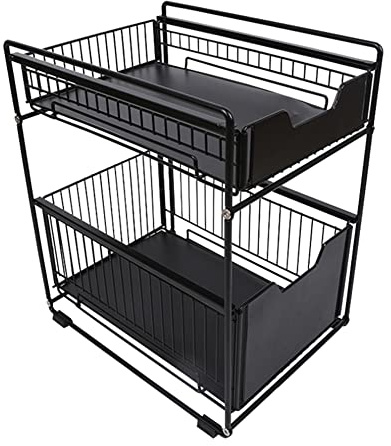 MINGYI Rangement sous Évier à 2 Niveaux, Panier de Rangement Coulissant, Étagères à Épices Coulissante, Étagère Rangement pour Cuisine, Bureau, Salle de Bain (Noir 37,4×26,5×44 cm)