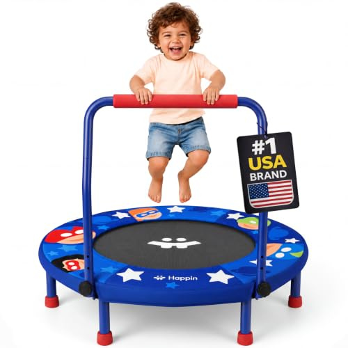 Happin® 36'' Toddler Trampoline Indoor, Foldable Mini Trampoline for Kids Ages 2-6, ASTM Certified, Adjustable Handle, Safety Pad for Indoor & Outdoor, Baby Trampolines, for Boy & Girl