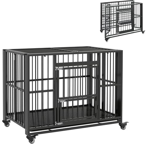 PawHut 43 Heavy Duty Dog Crate, Foldable Dog Cage on Wheels with Double Locks, Removable Tray, Openable Top, Double Doors, Indoor Outdoor Use, for Medium and Large Dogs - Black