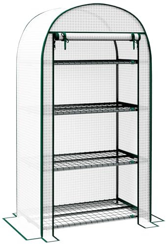 Outsunny 4 Tier Mini Greenhouse for Outdoor, Portable Gardening Plant Green House with Storage Shelf, Roll-Up Zipped Door, Metal Frame and PE Cover, 80 x 49 x 160cm, White