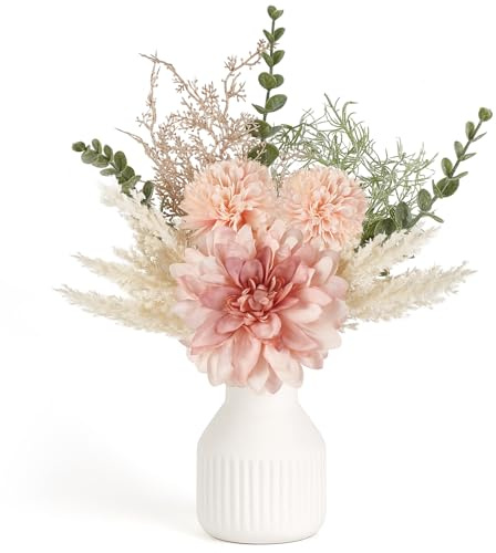 Mkono Small Artificial Flowers in Ceramic Vase 13.5 Centerpieces Coffee Table Decor, Silk Flower Bouquet Arrangements for Home Decor, Indoor, Dining Room, Kitchen, Wedding, Pink