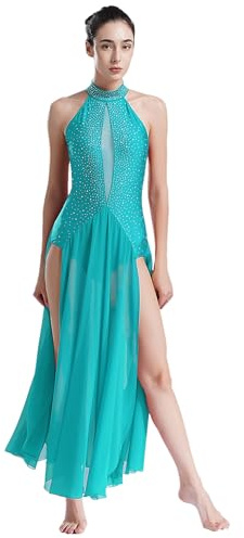Freebily Vestido De Danza Lírica para Mujer Maillot Sin Manga Maillot con Falda Tul Vestido Lentejuelas Mailllot De Ballet Ropa De Baile Contemporánea Azul Verde XS