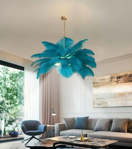 AstrizLamp Feder HäNgelampe Blau, Feder Lampe Nschirm Kronleuchter Wohnzimmer Kreative Dekorative Nordische Pendelleuchte Mit LED Deckenstrahler 4500K für Schlafzimmer Esszimmer Kinderzimmer 80cm