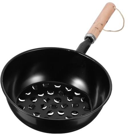VICASKY Charcoal Starter Pot with Wooden Handle and Chimney Lighter Tray for Outdoor Camping Barbecue, Black Iron Basket Suitable for Garden Brazier and Chestnut Roasting
