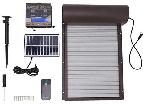 Solenpostad automatisk kycklingskojörljus sensor Timer Fjärrkontroll Metallplast Automatisk kycklingdörr för fjäderfä Chicken Duck Goose 37.3x24.7cm 14.7x9.7in (Brun)