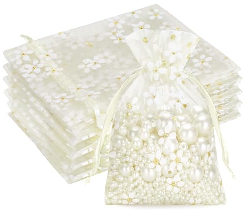 G2PLUS Sacchetti Organza Beige con Margherite: 10x12 cm Sacchetti in Organza,30 pezzi Sacchettini Confetti per Gioielli,Matrimoni, Comunioni, Battesimi e Celebrazioni