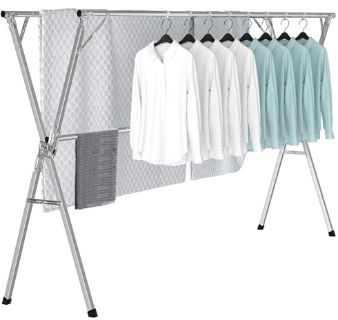 OUUTMEE Tendedero plegable de 240 cm para interior y exterior, tendedero de acero inoxidable, tendedero extensible de gran capacidad con 20 ganchos antiviento (plateado)