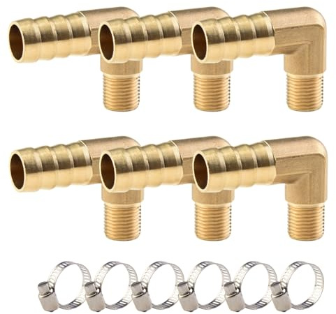 ANGEEK 6 stycken 1/8 tum yttre gänga vinkel 90° mässing slanganslutning, PT1/8 tum x 10 mm koppling, slanganslutning, kontakt adapter, slangadapter med 6 stycken slangklämma