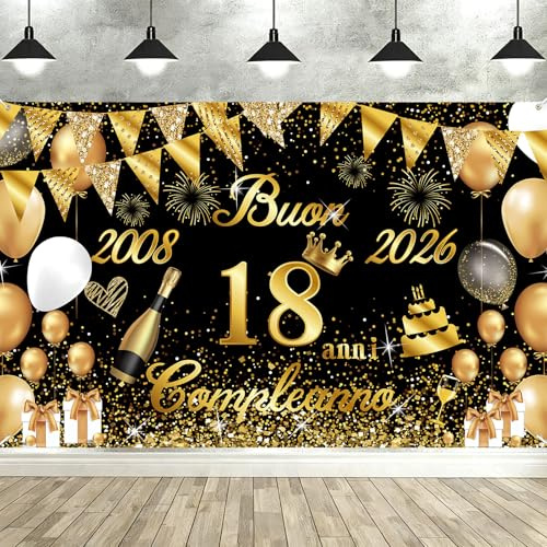 Striscione Buon Compleanno 18 Anni 2008-2026, Seutgjie Decorazioni Compleanno 18 Anni Ragazza Ragazzo per Anniversario Oro Nero 180 x 110 cm