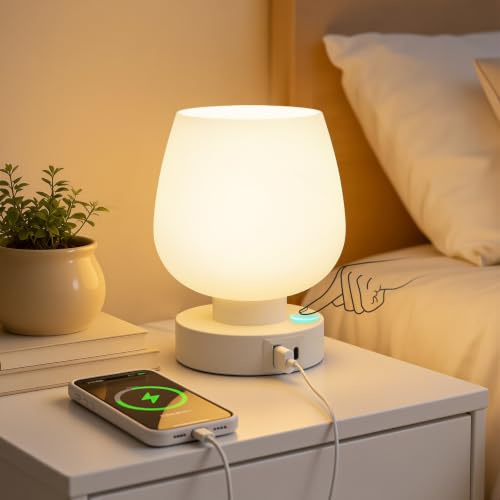 Nachttischlampe Touch Dimmbar mit USB A+C Anschlüsse, Lampe für Nachttisch