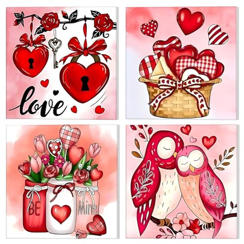 NAIMOER 4 Pack Valentines Theme Paint by Numbers Kits for Adults with Frame, DIY Paint by Colors Adults Kids, Framed Painting Love Canvas Gifts for Home Decor 20x20cm