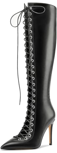 NobleOnly Womens Pointed Toe Lace-up Knee High Summer Boots High Stiletto Heel Zipper Party Prom Dress Boots 3.9 Inches Heels Black 7 M US