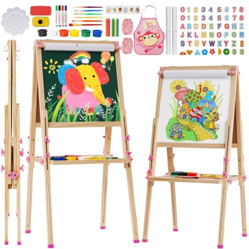 Caballete Pintura niños,Pizarra de Dibujo de Doble Cara de Madera Plegable,Caballete de Arte de Altura Ajustable con Pergaminos y Otros Accesorios para Niños y Niñas,Rosa