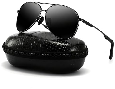DXRPO Gafas de Sol Hombre Mujer Polarizadas Aviador, UV400 en Aleación Al-Mg Premium, Marco Metálico Vintage Outdoor, Negro/Negro