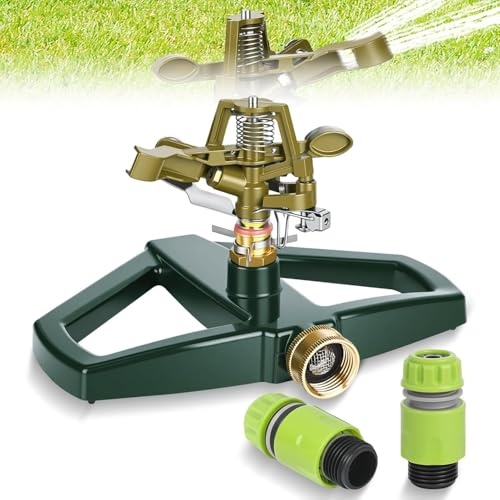 Aspersor de césped con base de metal, aspersor de pulsación, ajustable y giratorio 360°, cobertura hasta 5.800 pies cuadrados, aspersor de césped, grandes superficies para jardín, césped, patio, riego