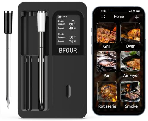 BFOUR Termometro per carne, termometro con 2 sonde intelligenti, monitoraggio tramite app con timer e allarme, impermeabile e resistente al calore, termometro per barbecue, forno, barbecue