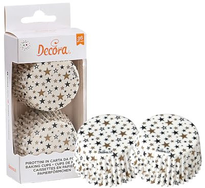 DECORA, 0339856 Pirottini per Muffin, Comodissimi per Cuocere, Presentare e Regalare Muffin, Resistente fino a 220°, Made in Italy, Fantasia a Stelle Nero e Oro, Confezione da 36 pz