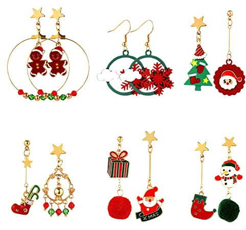 Naler Boucles d'oreilles Noël, Lot de 6 Paires Bijoux Ensemble Percée Femme Fille, Arbre de Noël Pompom Bonhomme de Neige Motif Mixte