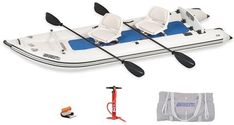 Sea Eagle 437ps PaddleSki Inflatable 1-2 Person Catamaran Boat – Paddle, Motor, Fish, or Sail – 4-in-1 Inflatable Watercraft – Self Bailing (437ps PaddleSki Swivel Seat Package)