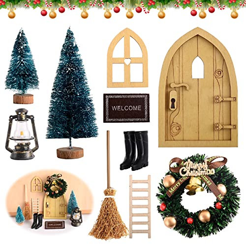 Abnaok kit Lutin farceur de noël, Lutin farceur de Noel Porte Miniature de Noël avec Accessoires Bottes, Lanterne, Couronne décorative, échelle en Bois, Fouet pour Noël
