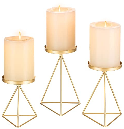 Sziqiqi Candelabros de Columna de Metal Portavelas - Juego de 3 Portavelas Geométricos Oro Centros de Mesa para Sala de Estar Comedor Fiesta Navidad Halloween